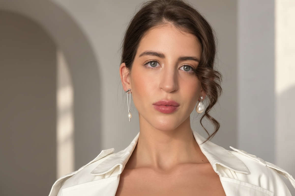 Donna indossando gioielli modulari con perle naturali a goccia e barroca, orecchini assimetrici. 